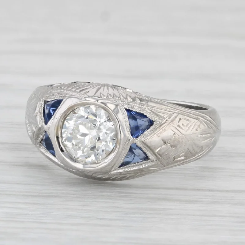 pear cut engagement rings for women-Art Deco 1.29ctw Old European Diamond Lab Created Sapphire Ring 18k White Gold