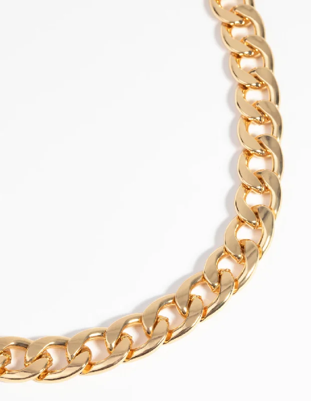 pearl necklace for women-Gold Plated Flat Curb Chain Necklace