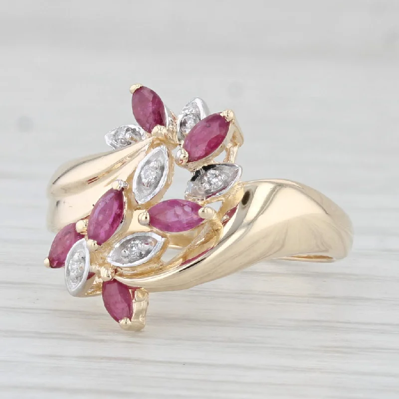 vintage diamond engagement rings for women-0.68ctw Ruby Diamond Cluster Bypass Ring 10k Yellow Gold Size 7