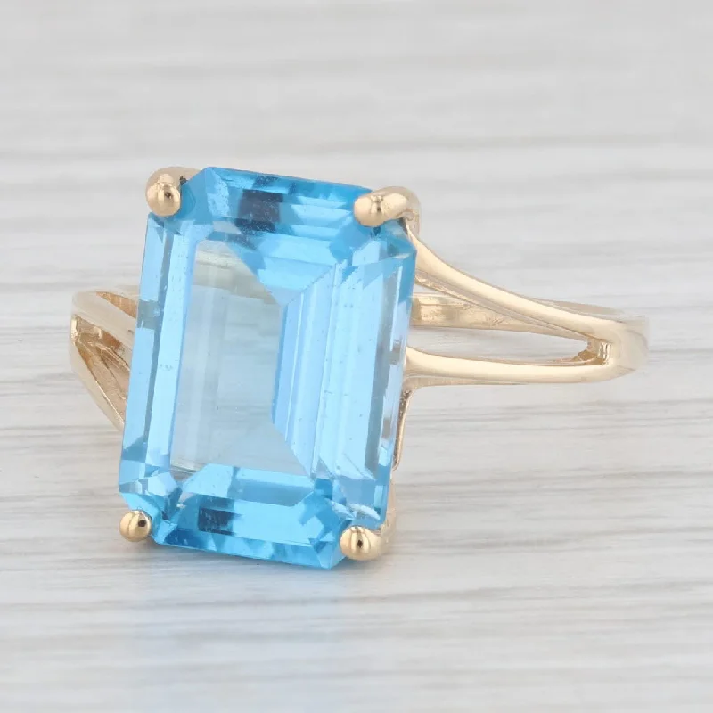 engagement rings with colored stones for women-9.10ct Emerald Cut Blue Topaz Solitaire Ring 10k Yellow Gold Size 9