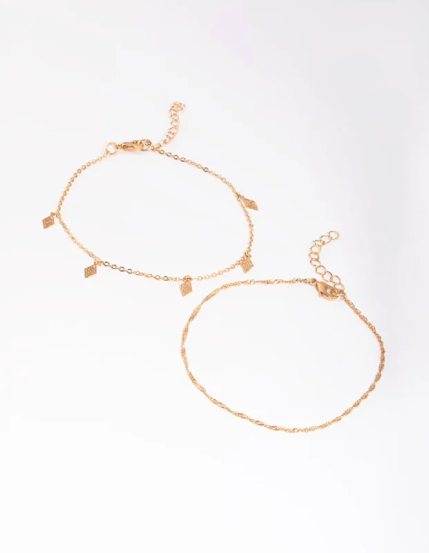 thin bracelet for women-Gold Twist Diamante Anklet Set