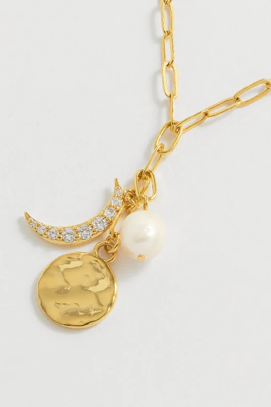 trendy pendant necklace for women-Moon Pearl Coin Drop Necklace