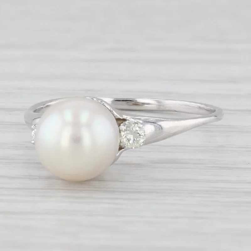 vintage engagement rings for women-Vintage Pearl Diamond 14K White Gold Size 9 Ring