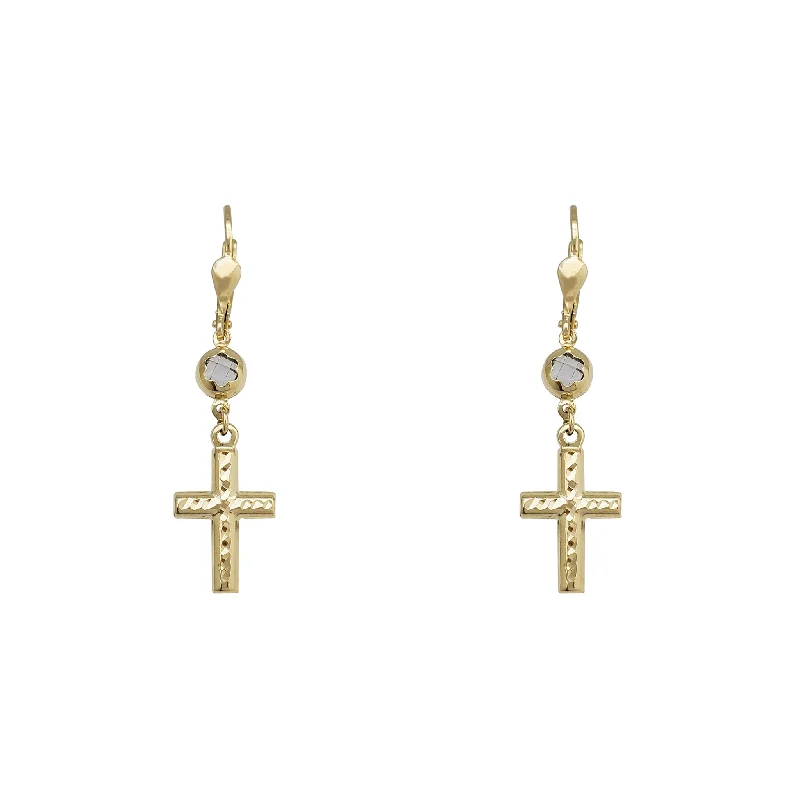 designer earrings for women-Zirconia Faceted Cross Hanging Earrings (14K)