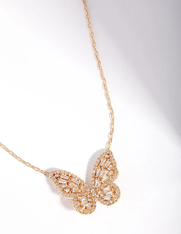 trendy pendant necklace for women-Gold Diamond Simulant Butterfly Necklace