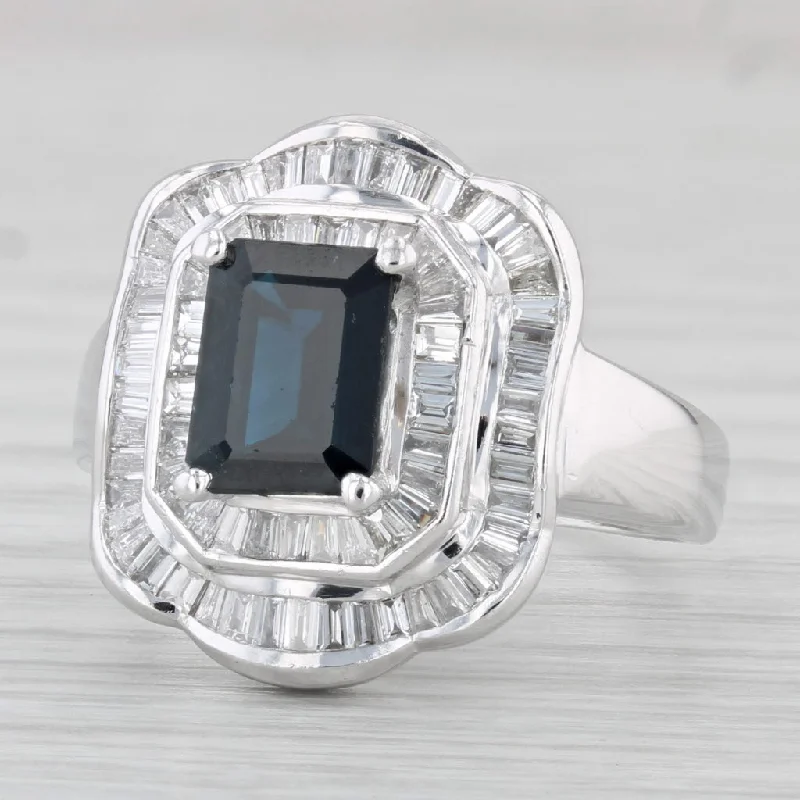 radiant cut engagement rings for women-3.20ctw Emerald Cut Blue Sapphire Diamond Halo Ring 14k White Gold Size 8