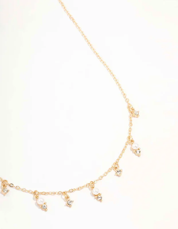 dainty gold necklace for women-Gold Diamante & Pearl Droplet Necklace