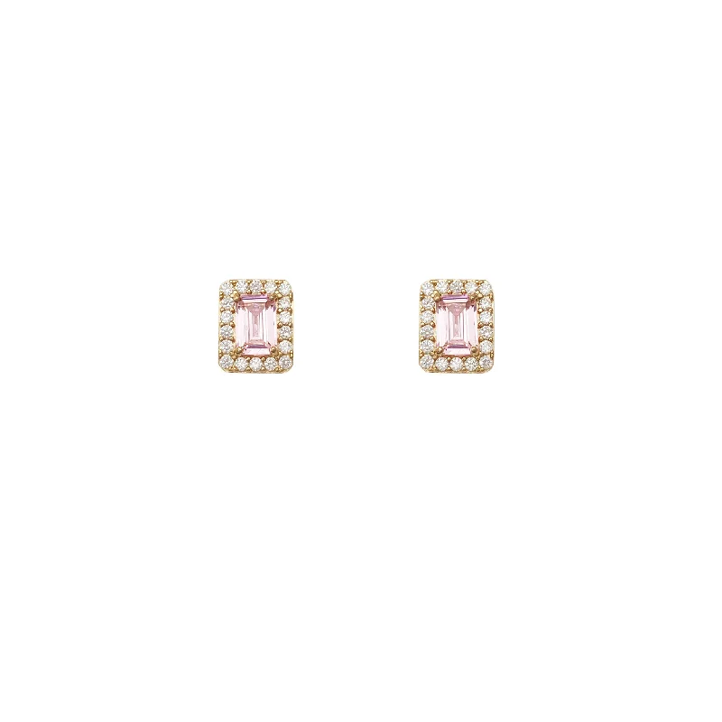 zirconia earrings for women-Rectangle Around CZ Stud Earrings (14K)