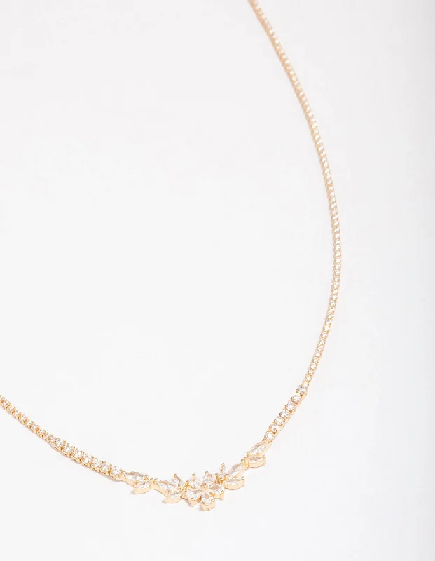 silver heart necklace for women-Gold Plated Dainty Cupchain Floral Necklace