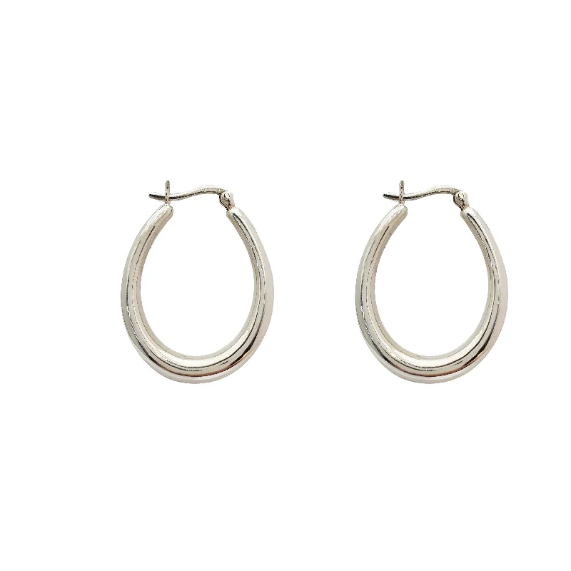 gemstone earrings for women-Oval Hoop Earring (Silver)