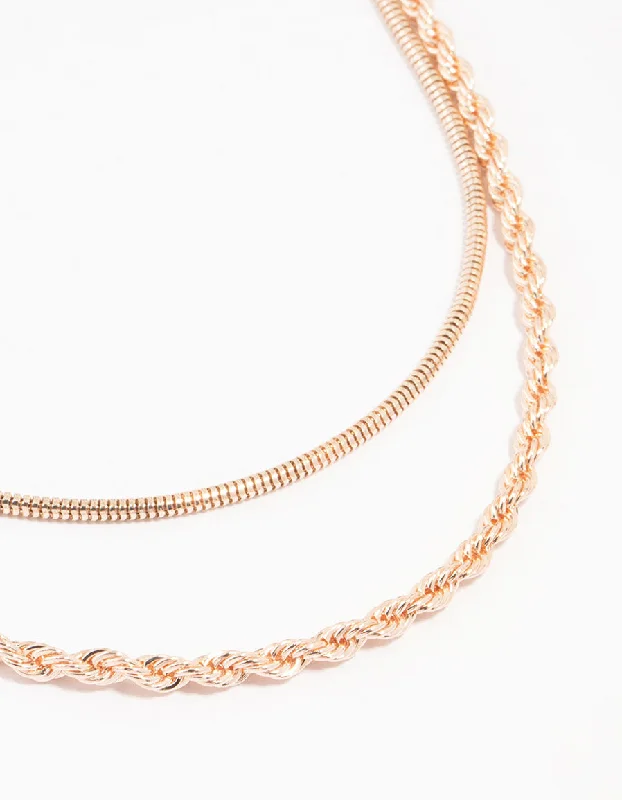 angel wing necklace for women-Rose Gold Plated Round & Twisted Snake Layered Necklace