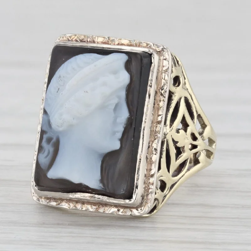 sapphire diamond engagement rings for women-Vintage Black White Chalcedony Cameo 14k Yellow Gold Size 3.5 Ring