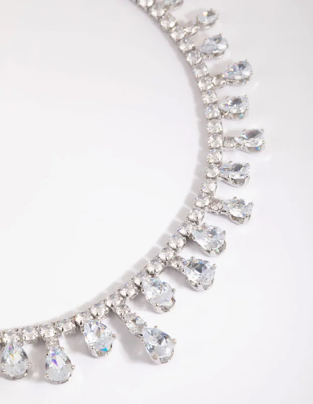 multi-strand necklace for women-Silver Cubic Zirconia Droplet Choker