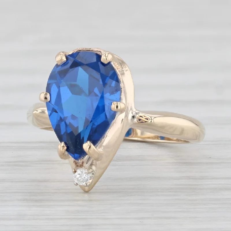 oval cut engagement rings for women-2.10ct Blue Lab Created Spinel Teardrop Ring 14k Yellow Gold Sz 3 Diamond Accent