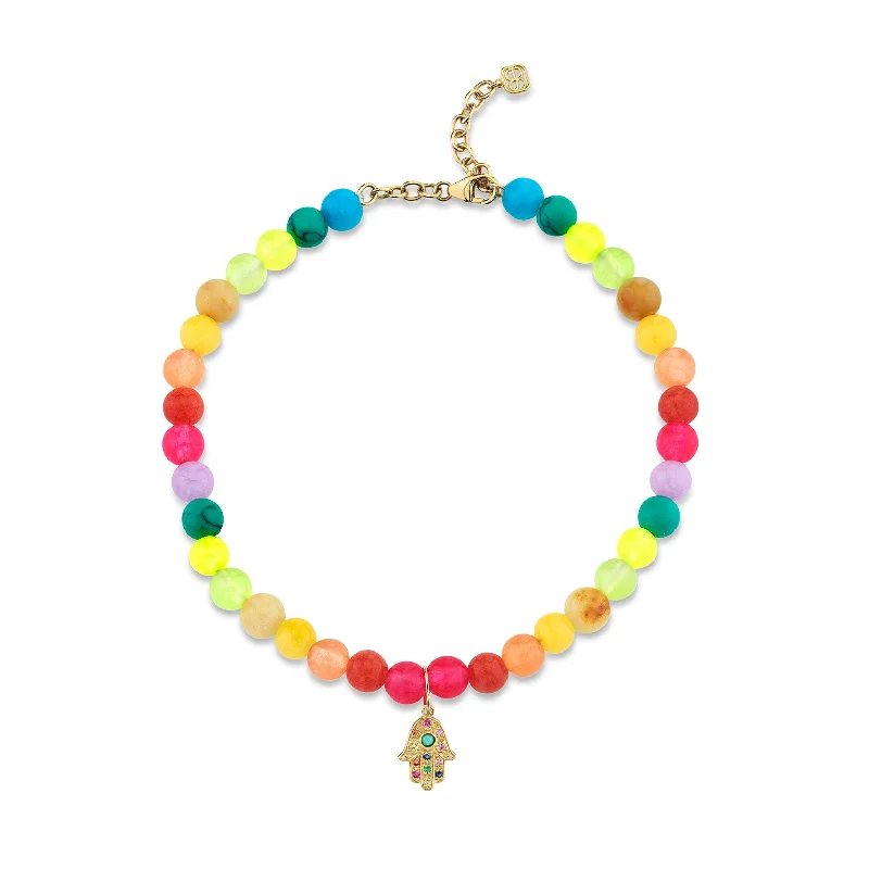 chunky bracelet for women-Gold & Rainbow Hamsa Rainbow Jade Anklet