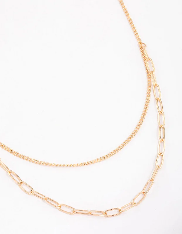 sterling silver necklace for women-Gold Curb & Cable Layered Necklace