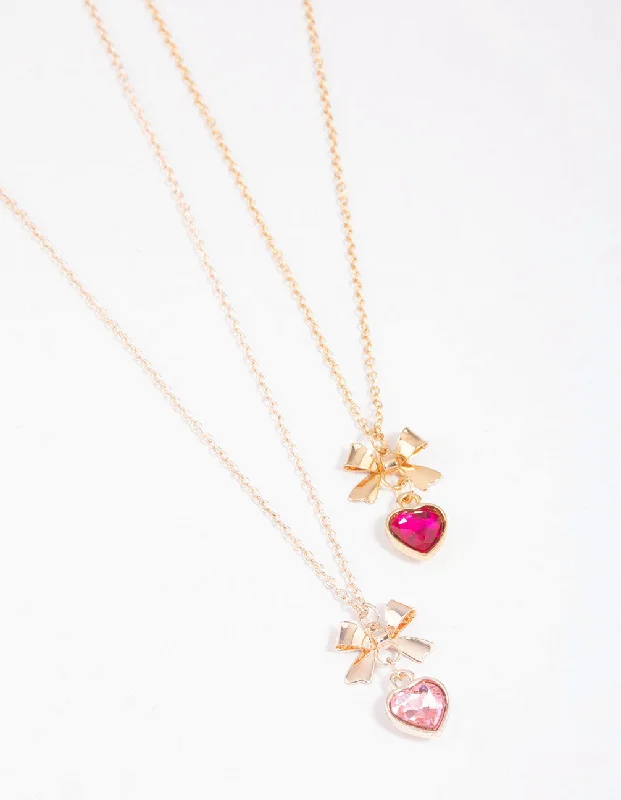 luxury gold necklace for women-Mixed Metal Heart & Bow Necklace Pack