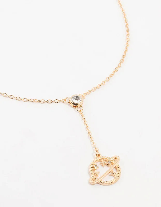 infinity pendant necklace for women-Gold Diamante Planet Y-Necklace