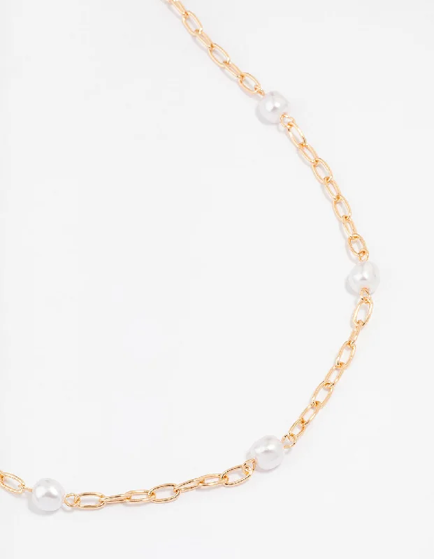 handmade necklace for women-Gold Chain Pearl Station Necklace