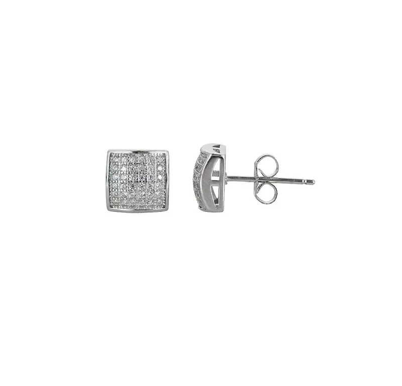 handmade earrings for women-Micropave Curved Square Stud Earrings (Silver)