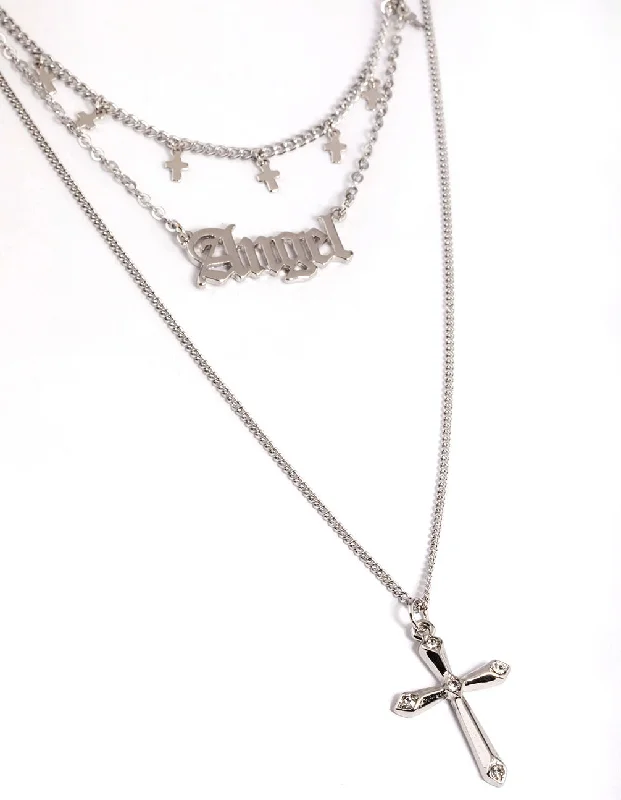 vintage style necklace for women-Silver Angel Star Three Row Necklace