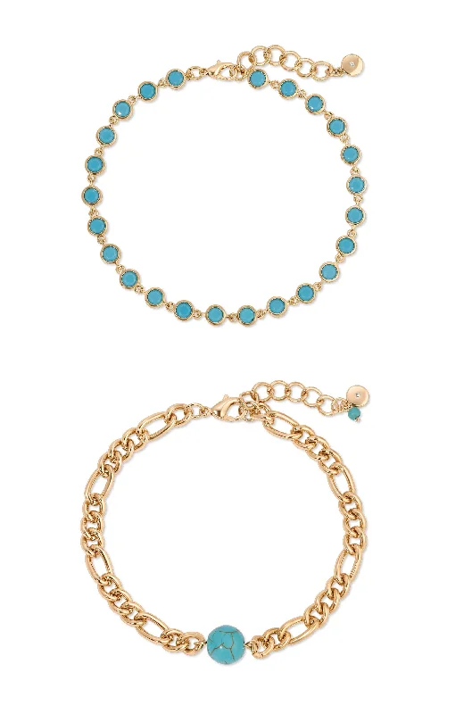 engraved bracelet for women-Turquoise Link Anklet Set