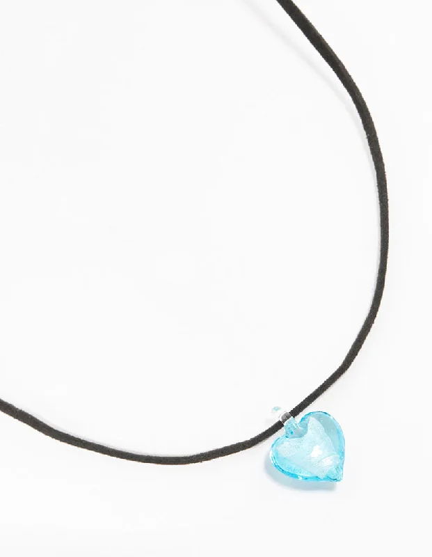 statement pendant necklace for women-Mini Blue Beaded Glass Heart Necklace