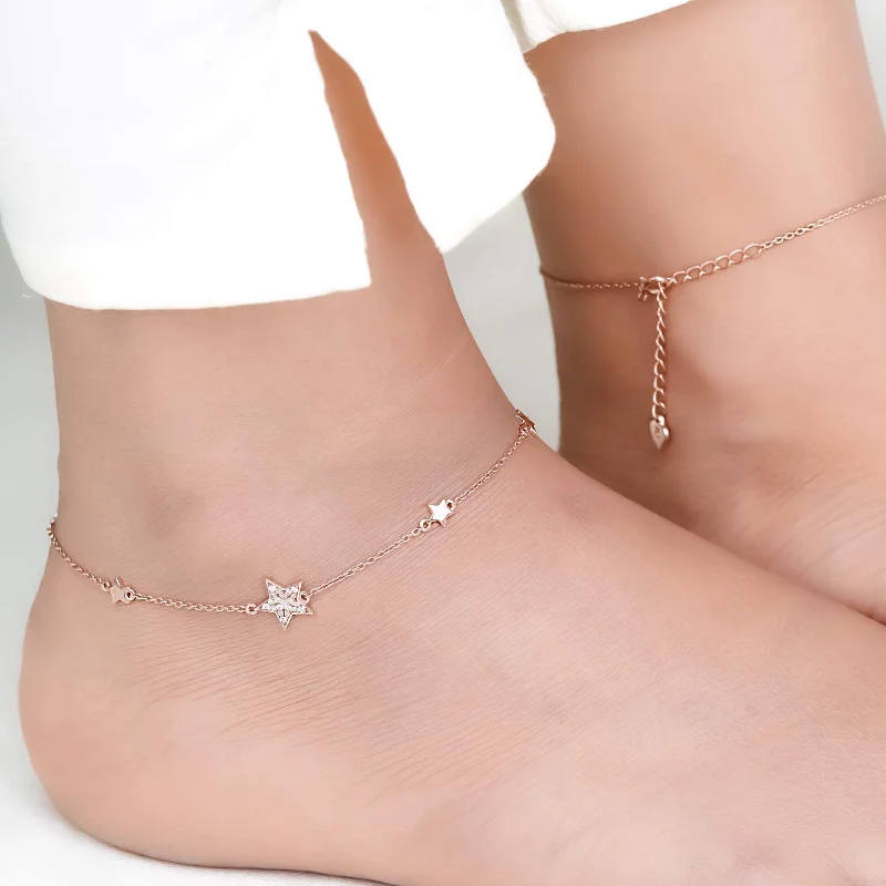 bridal anklet for women-Rose Gold Star Family Anklet