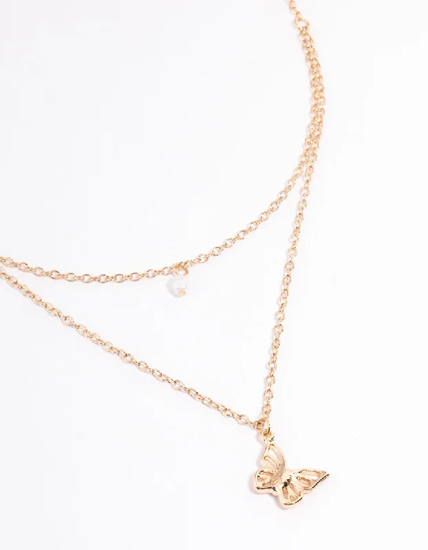 simple gold necklace for women-Gold Pearl & Butterfly Layered Necklace