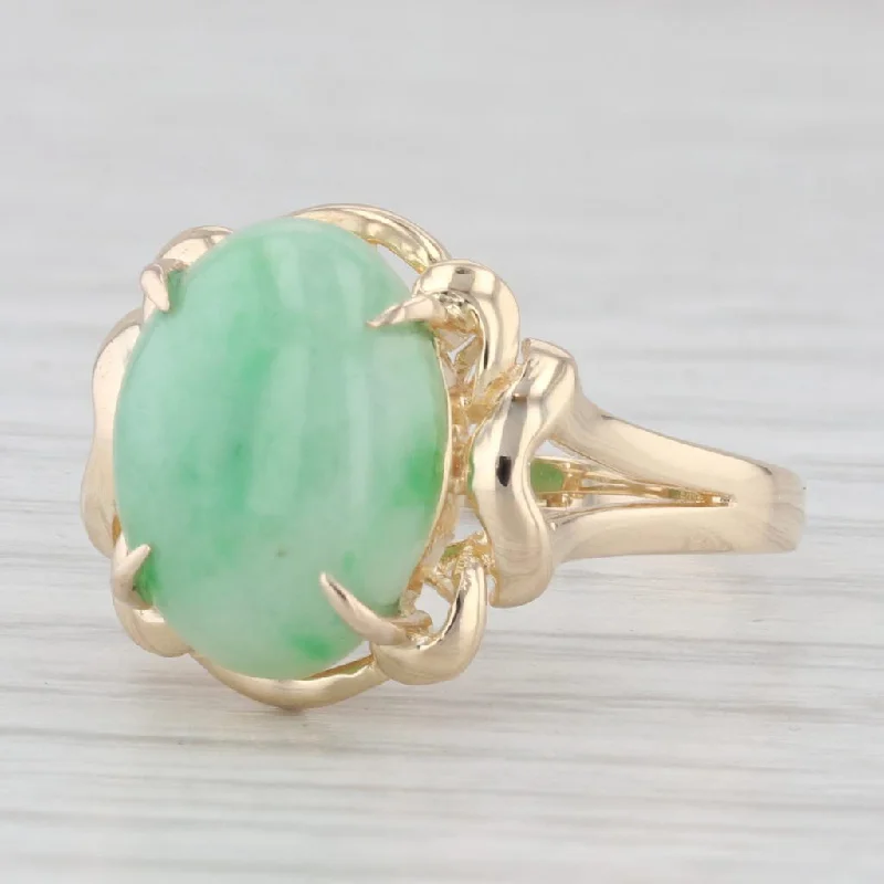 antique gold engagement rings for women-Oval Cabochon Green Jadeite Jade Solitaire Ring 14k Yellow Gold Size 6.5