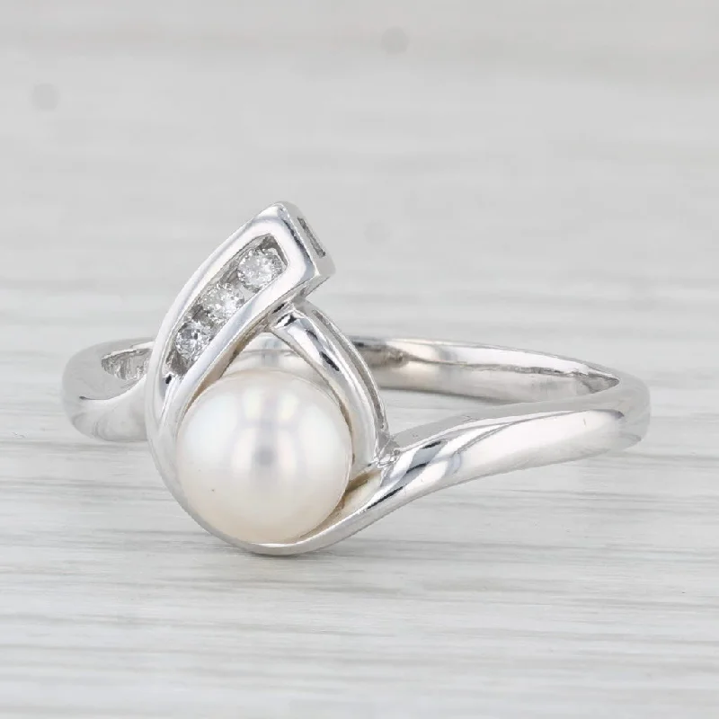 two-stone engagement rings for women-Cultured Pearl Diamond Teardrop Ring 10k White Gold Size 11.25