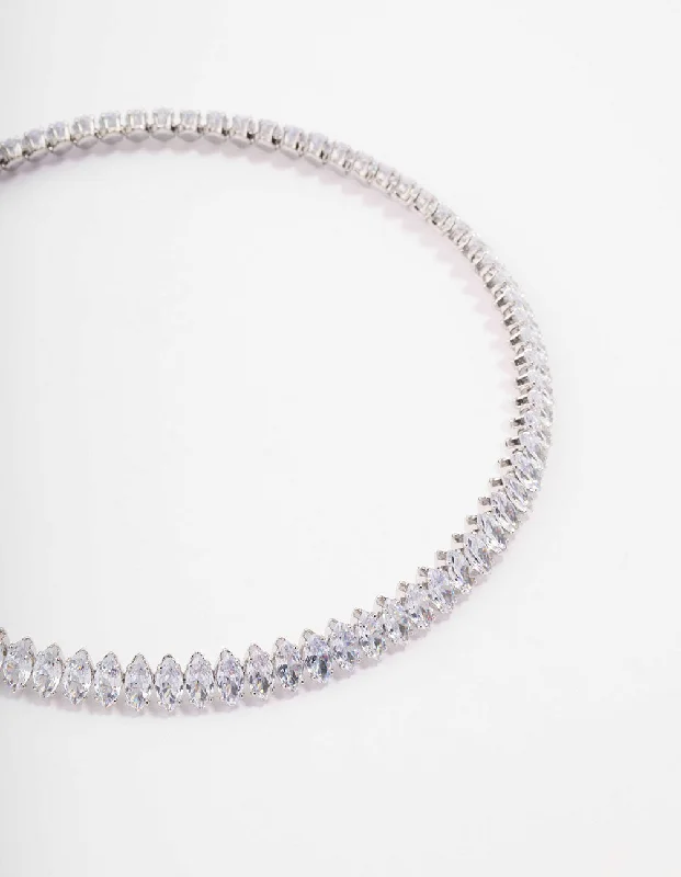 simple necklace for women-Silver Cubic Zirconia Navette Stone Choker