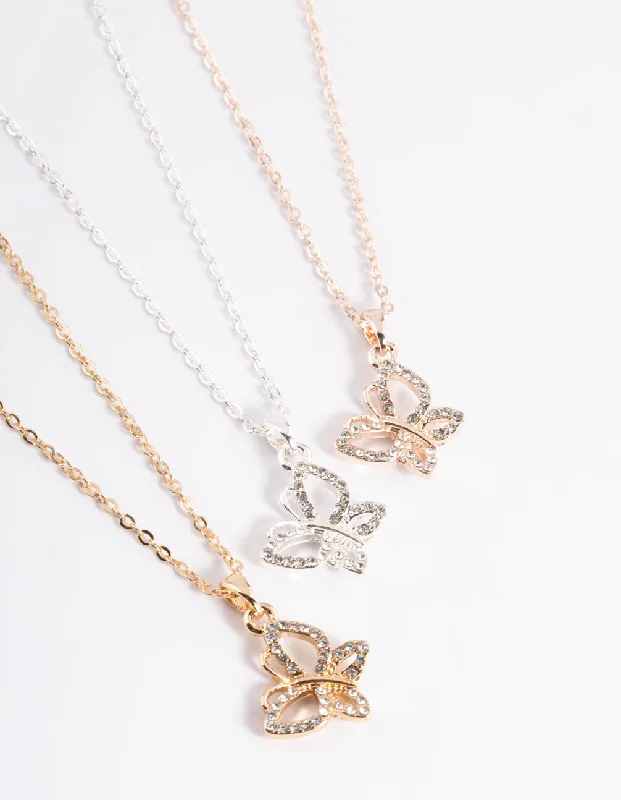 personalized necklace for women-Mixed Metal Diamante Butterfly Necklace Pack