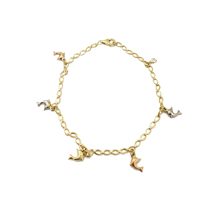 cuff anklet for women-Tricolor Dolphin Charms Anklet (14K)