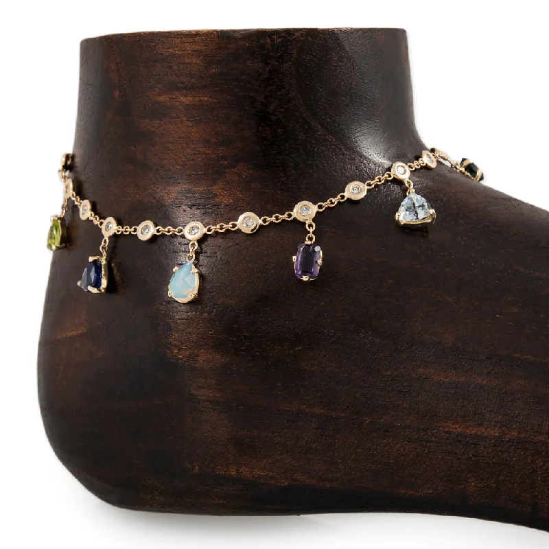 friendship anklet for women-MULTI SHAPE GEMSTONE + DIAMOND SHAKER ANKLET