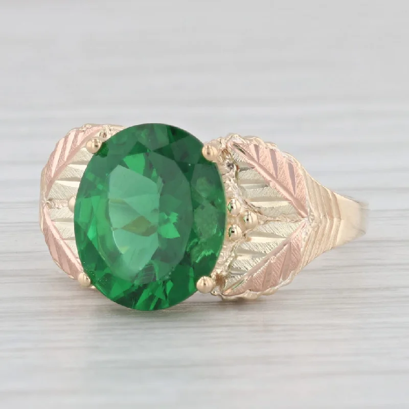 engagement rings with side stones for women-10K Yellow Rose Gold Green Glass Floral Design Ring Size 10