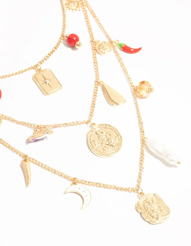 heart necklace for women-Gold Chilli & Disc Charm Necklace