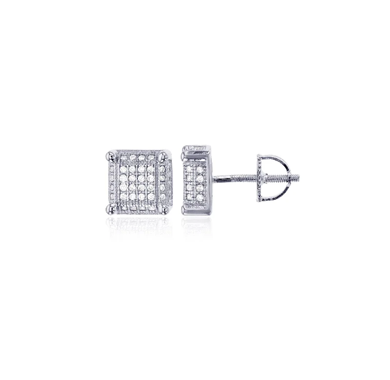 statement stud earrings for women-Micropave 3D Square Screw-Back Stud Earring (Silver)