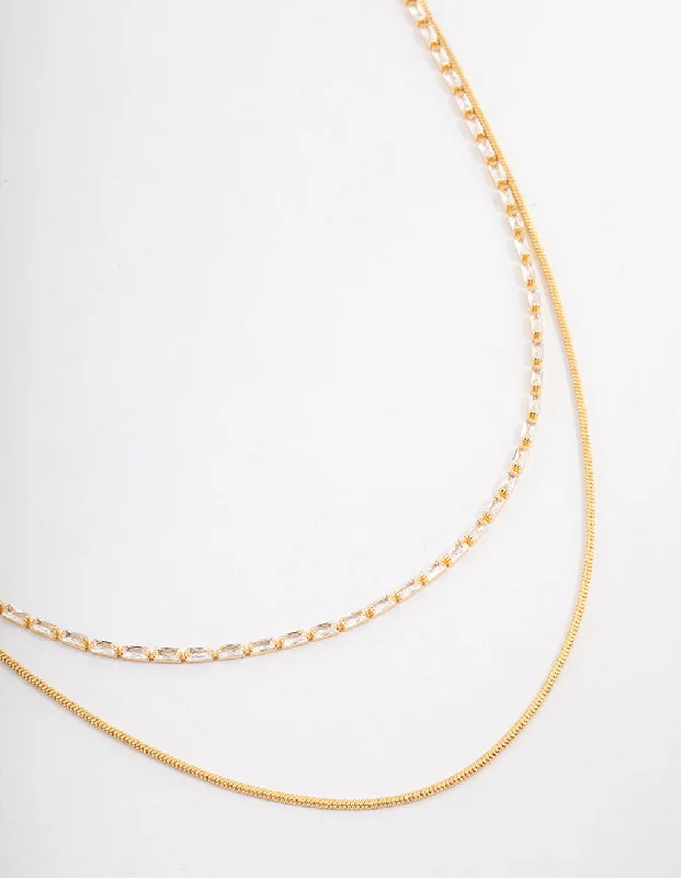 silver chain necklace for women-Gold Plated Cubic Zirconia Dainty Baguette Layered Necklace