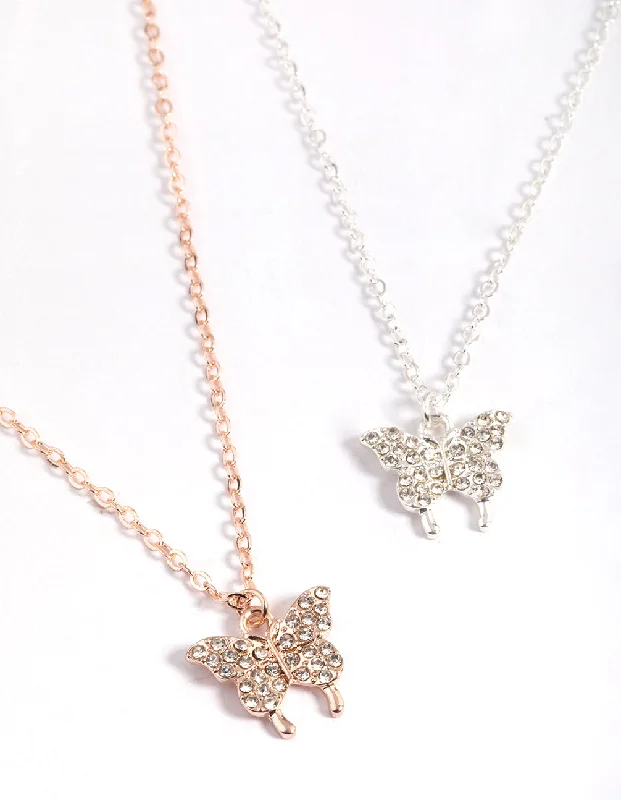 engraved necklace for women-Mixed Metal Diamante Butterfly Necklace Pack