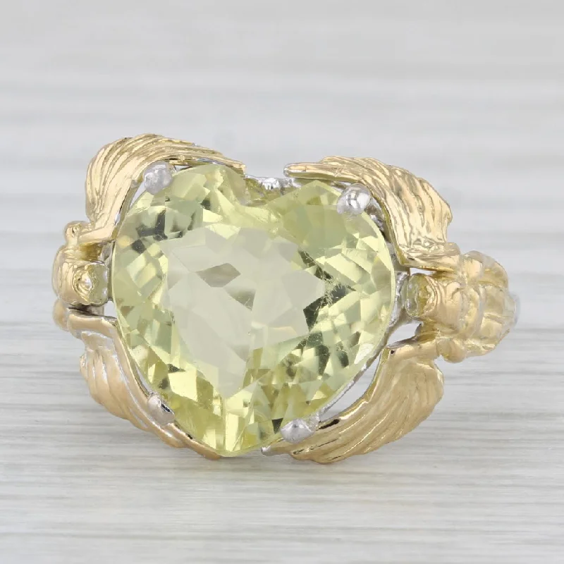 princess cut engagement rings for women-4.40ct Green Yellow Quartz Heart Ring 14k 18k Gold Size 6.75