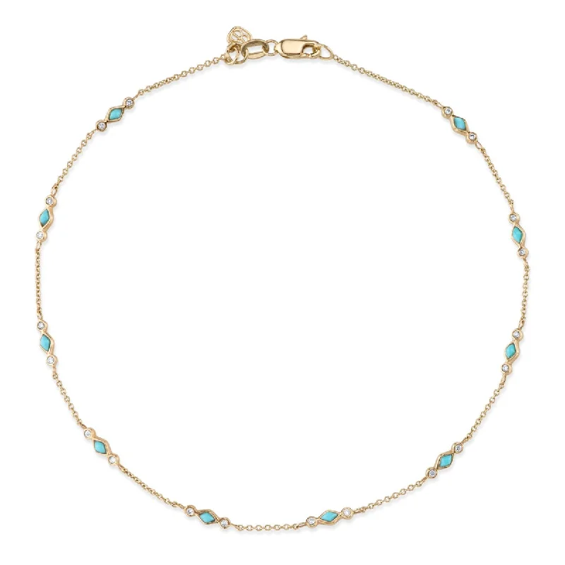 beaded bracelet for women-Gold & Bezel Diamond Turquoise Anklet