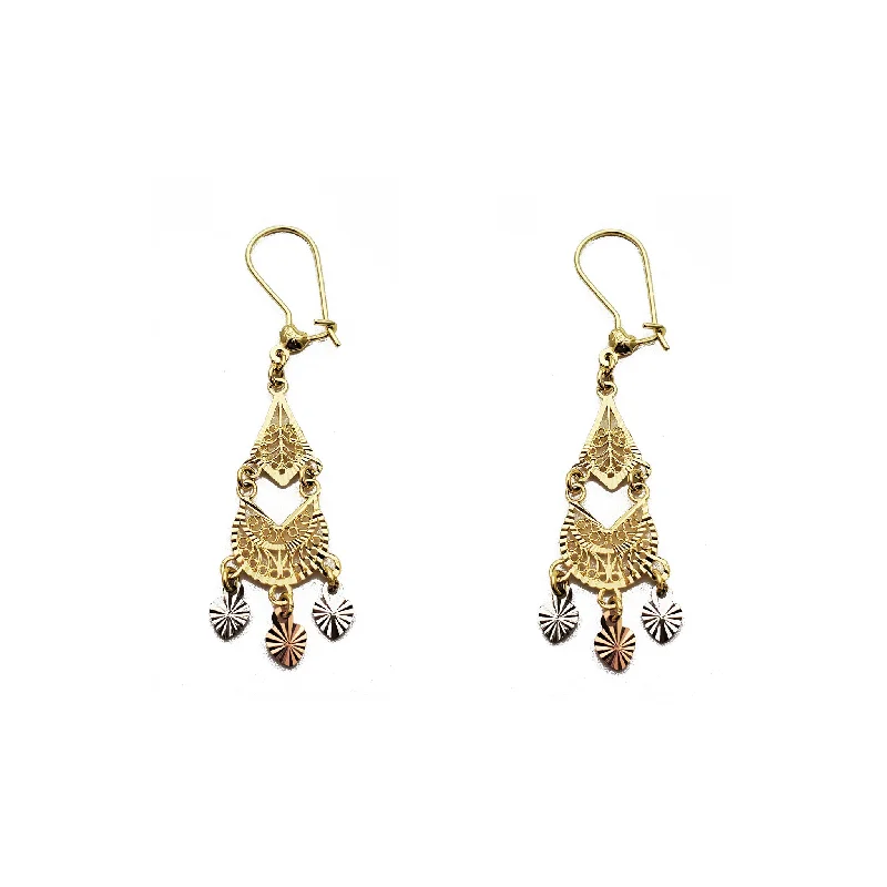 silver chandelier earrings for women-Tricolor 3-Hearts Filigree Chandelier Dangling Earrings (14K)