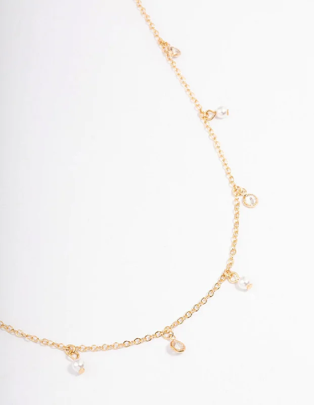 crystal pendant necklace for women-Gold Diamante & Pearl Drop Station Necklace