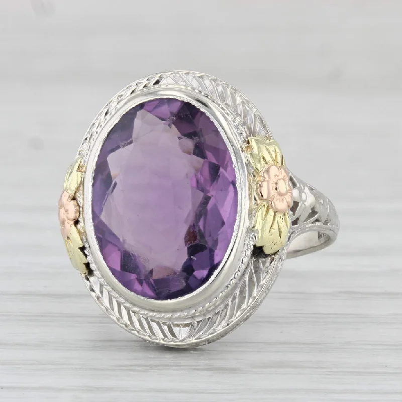 pear cut engagement rings for women-Art Deco 7ct Amethyst Ring 14k Gold Size 6.5 Vintage Filigree Oval Solitaire