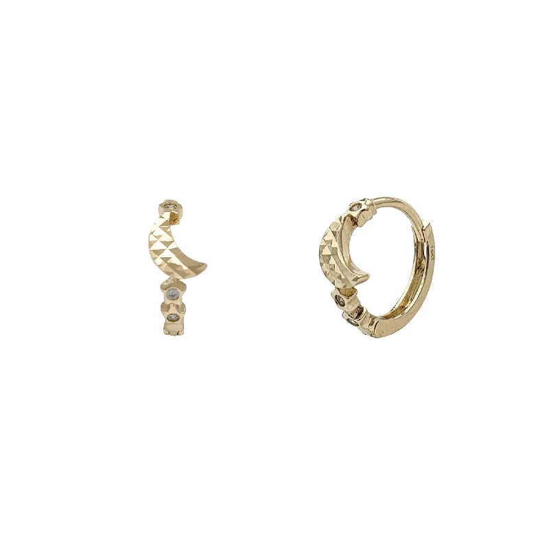 gold stud earrings for women-Zirconia Crescent Moon & Stars Huggie Earrings (14K)