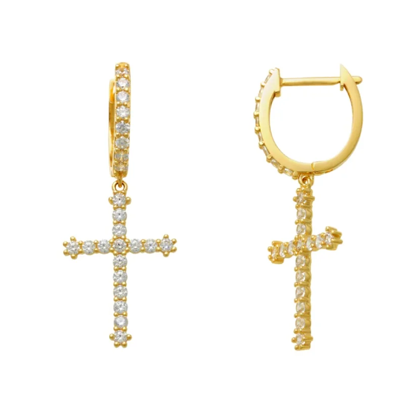 star earrings for women-Pave Cross Drop Earrings (14K)