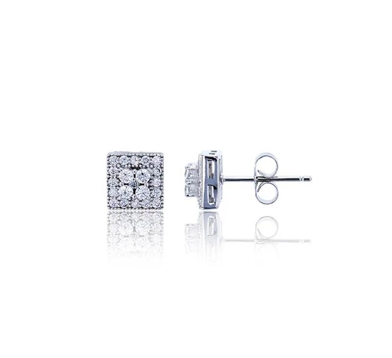 gold stud earrings for women-Micropave Round CZ Square Stud Earring (Silver)