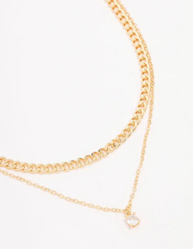 rose gold choker necklace for women-Gold Plated Diamante Curb Chain Layered Necklace