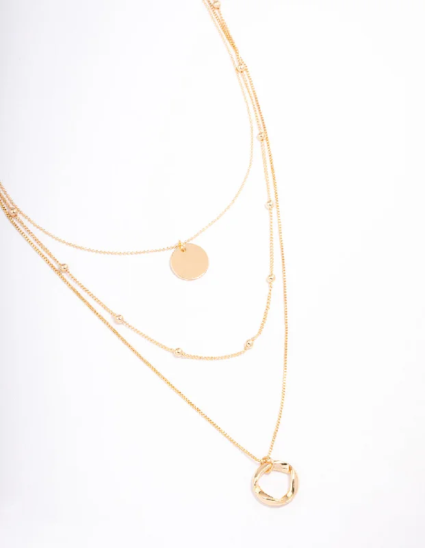 custom necklace for women-Gold Organic Circle Disc Triple Row Necklace